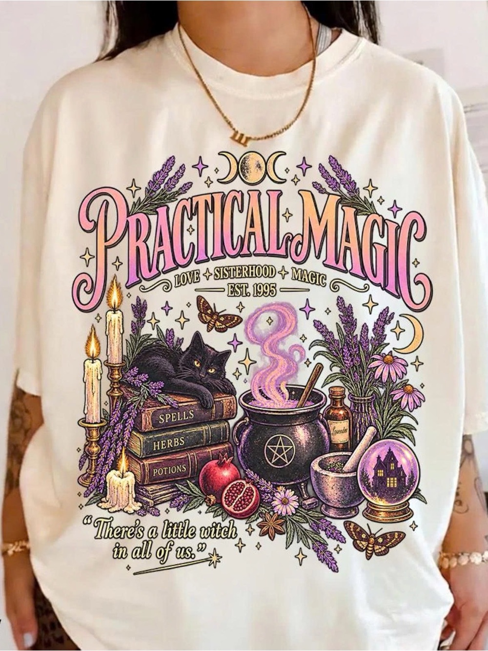 Practical Magic Graphic Tee - Cream with Pink & Purple Design